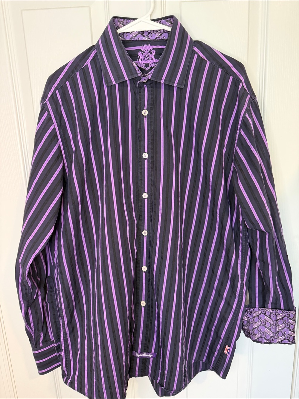 English Laundry Black and Purple Vertical Stripe Button-Down Shirt 100% cotton